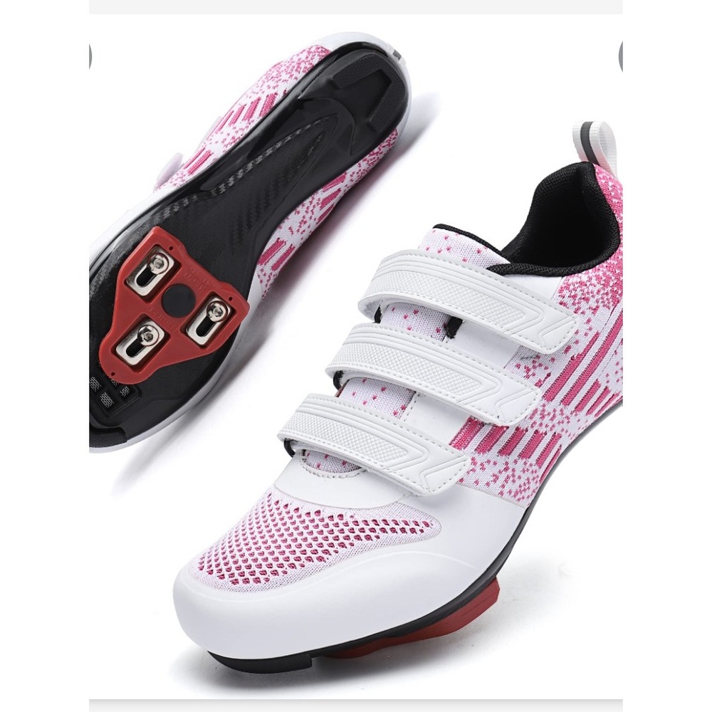 Women’s White and Pink Cycling Shoes with Triple-Strap Closure